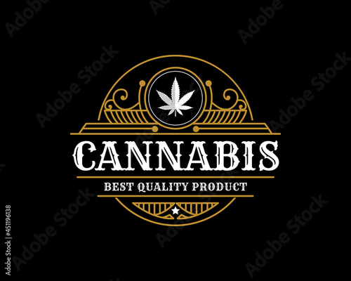 antique Luxury royal vintage Cannabis plant and leaf logo with decorative ornamental frame