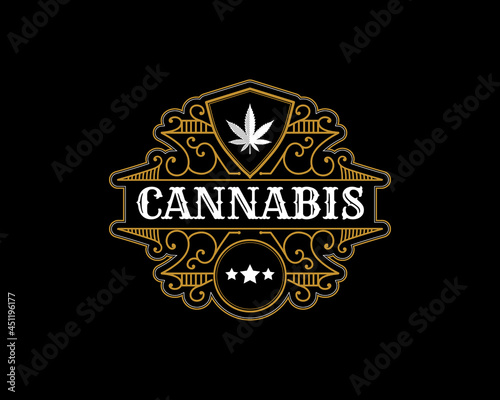 antique Luxury royal vintage Cannabis plant and leaf logo with decorative ornamental frame