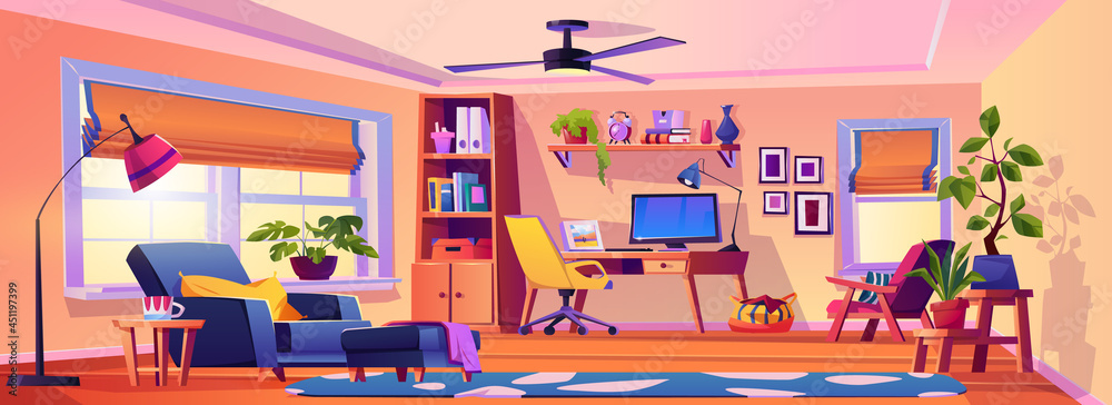 Living room interior design of home, office and workspace with supplies and decor. Table with personal computer and comfortable chair. Furniture and rugs on floor for coziness. Vector in flat style