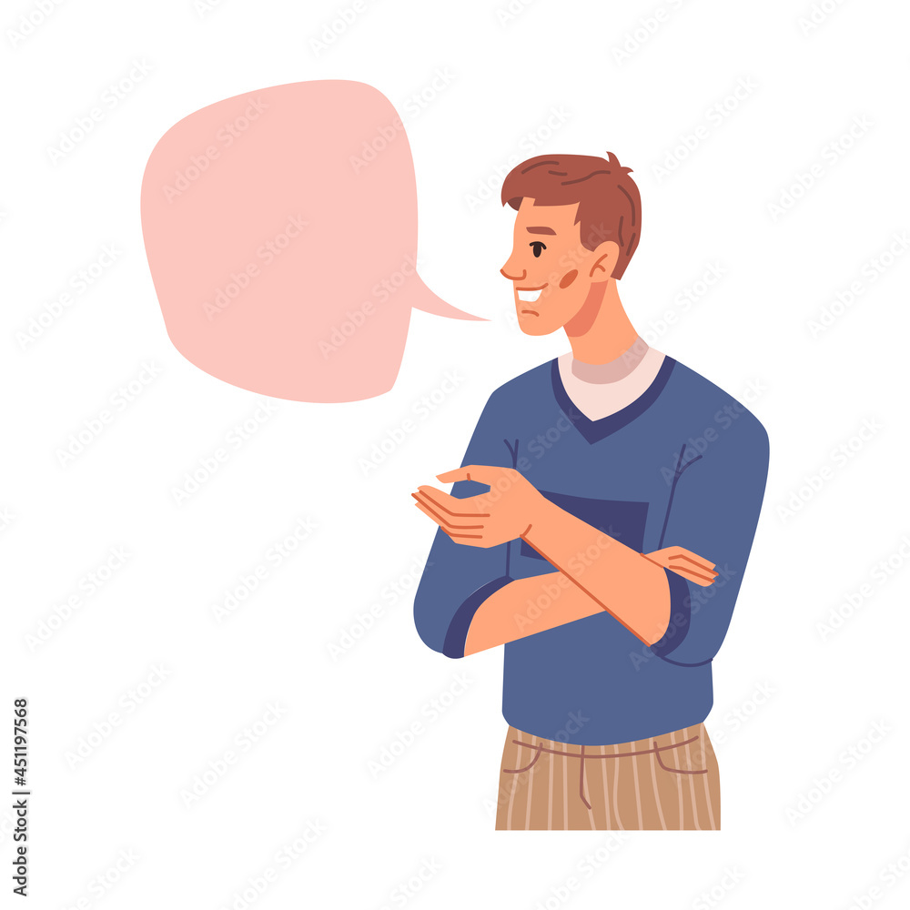 Happy young smiling man and empty discussion message chat box, flat cartoon illustration. Vector big blank speech bubble, thinking chat box, communication and dialogue sign. Thought, quote and opinion Happy young smiling man and empty discussion message chat box, flat cartoon illustration. Vector big blank speech bubble, thinking chat box, communication and dialogue sign. Thought, quote and opinion