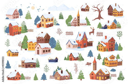 Christmas New Year winter village landscape elements set isolated flat cartoon design icons. Vector cottage houses and snow, fur trees and bushes, chalets decorated by garlands, bench and feence, moon photo