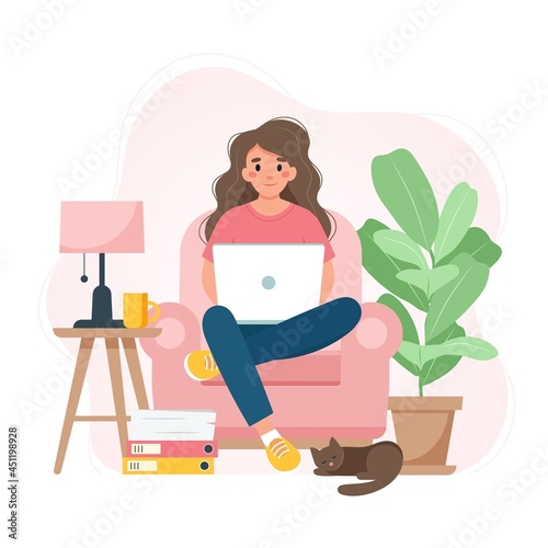 Work from home concept, woman on a chair with laptop, student or freelancer. Cute vector illustration in flat style