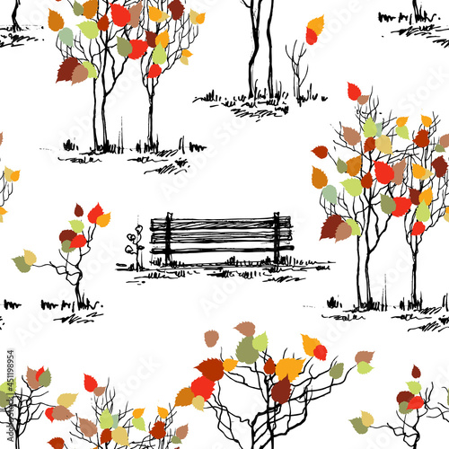 Fall in the park seamless pattern, autumn trees and a bench design