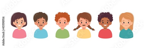 Children set, little boys and girls portraits of different nationalities. Vector illustration in cartoon style