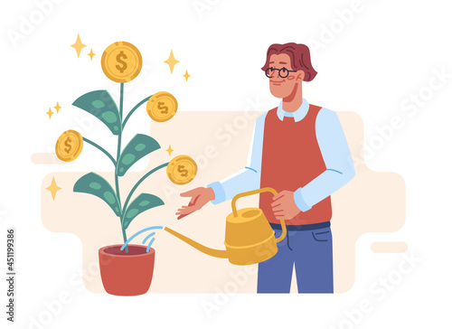 Man with watering can planting money tree, business investment concept, flat cartoon. Vector investor take care of growing plant with gold coins and dollar bills, financial growth strategy