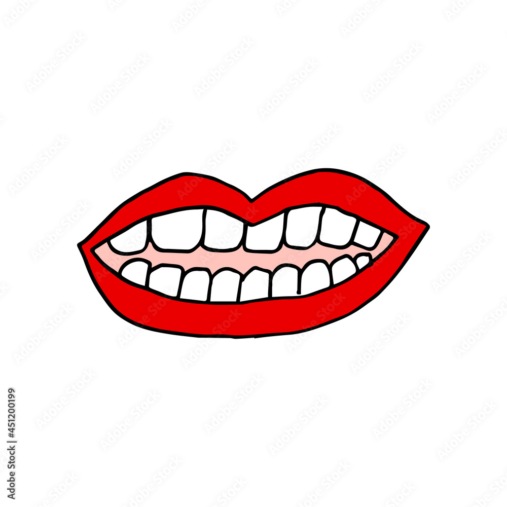 Smiling lips with healthy teeth. Line art. Hand drawn vector illustration. Isolated on white background. Smiling mouth with white teeth. Smiling lips with healthy teeth. Line art. Hand drawn vector illustration. Isolated on white background. Smiling mouth with white teeth.