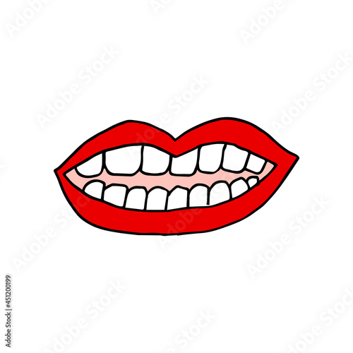 Smiling lips with healthy teeth. Line art. Hand drawn vector illustration. Isolated on white background. Smiling mouth with white teeth.