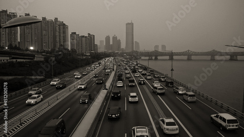 The riverside road in Seoul during rush hour.
