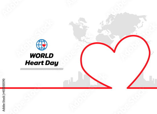 Minimal line World Heart Day. Minimal line world map and city background. World Heart Day continuous line drawing, vector illustration. Vector illustration. World Heart Day Banner.