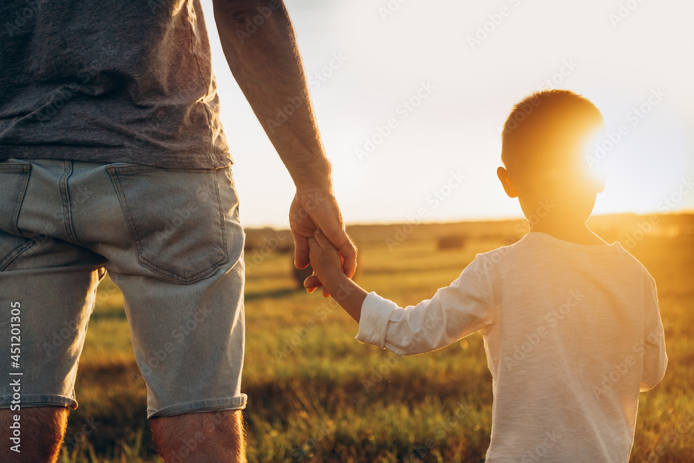 Father's and his son holding hands at sunset field. Dad leading son over summer nature outdoor. Family, trust, protecting, care, parenting concept