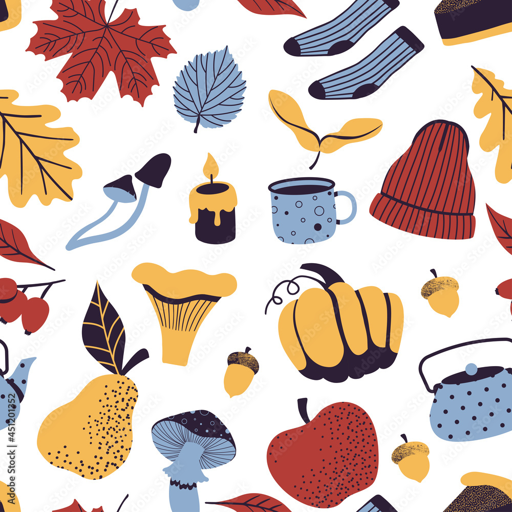 Autumn seamless pattern with leaves, pumpkin, berries, mushroom, tea pot, mug apple, pear. Hand drawn vector illustration in scandinavian style, cozy reapet background