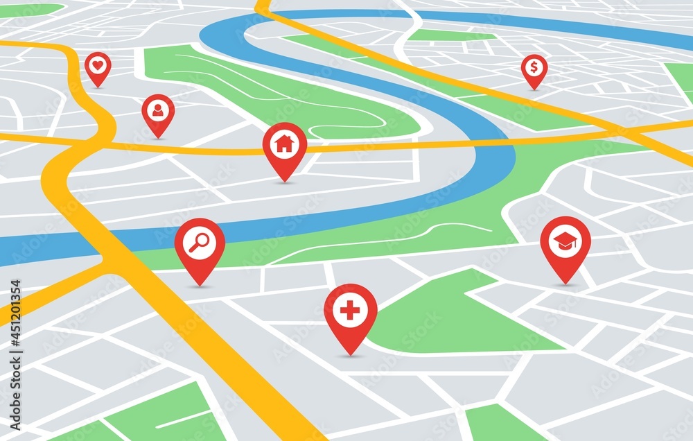 Perspective city map navigation with pin pointers. Urban downtown streets gps navigator with red location markers vector illustration. Roads and residential areas with hospital, school and home marks Perspective city map navigation with pin pointers. Urban downtown streets gps navigator with red location markers vector illustration. Roads and residential areas with hospital, school and home marks