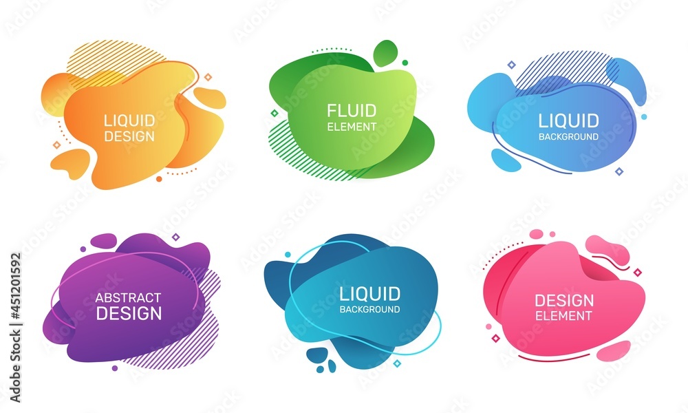 Abstract liquid elements, organic fluid bubble shapes. Modern gradient blobs, geometric graphic element, colored bubbles vector set. Minimal stain design for messages or text for presentation