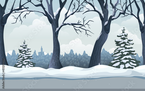 seamless winter forest landscape. endless parallax game background with snowy fir, trees, snow drifts, road and cloudy sky. cartoon woodland illustration. horizontal scenic winter panorama for design