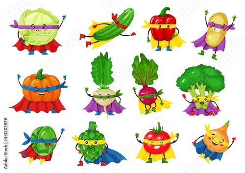 Vegetable hero characters. Funny tomato, broccoli, cucumber in superhero capes. Cute smiling vegetables superheroes mascot vector set. Organic fresh beetroot and pumpkin in masks and capes