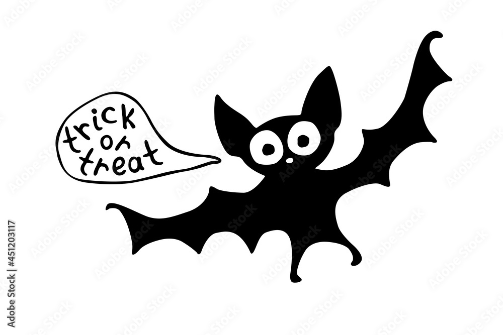 Cute bat in cartoon flat style. Ttrick or treat - lettering in speech bubble. Vector black silhouette isolated. For halloween design, greeting card Cute bat in cartoon flat style. Ttrick or treat - lettering in speech bubble. Vector black silhouette isolated. For halloween design, greeting card