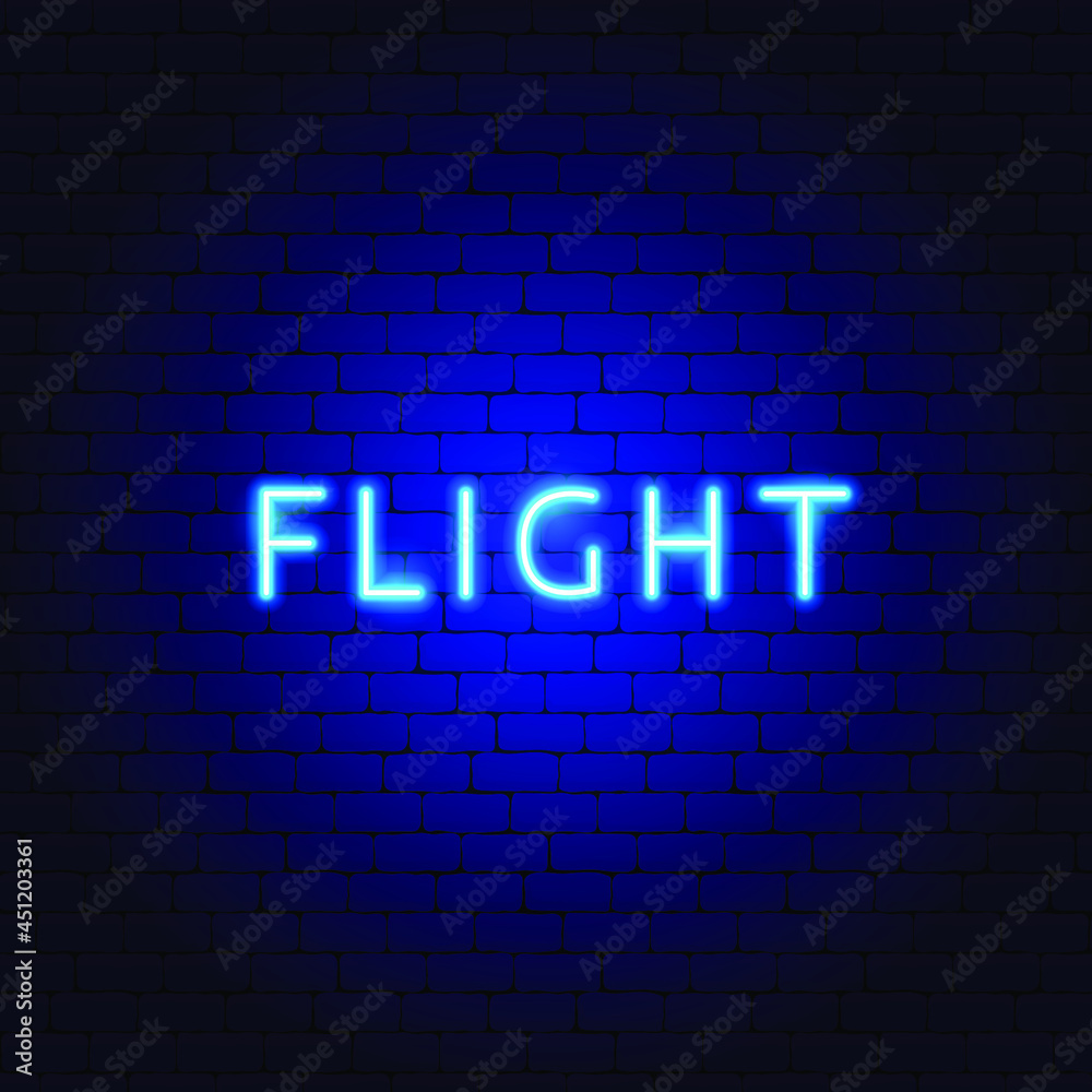 Flight Neon Text. Vector Illustration of Plane Promotion. Flight Neon Text. Vector Illustration of Plane Promotion.