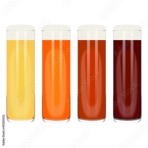 Set with craft beer in stnage glass for banners, flyers, posters, cards. Light and dark beer, ale, and lager. Beer Day. October fest. Vector illustration isolated on white background.