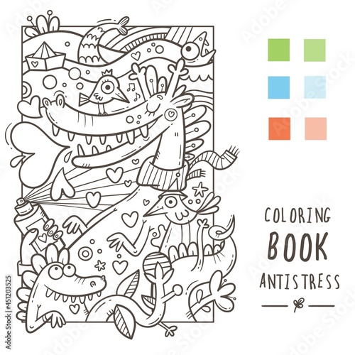 Coloring book antistress with funny cute cartoon creatures. Doodle print with dragon  monster and bird. Line art poster.