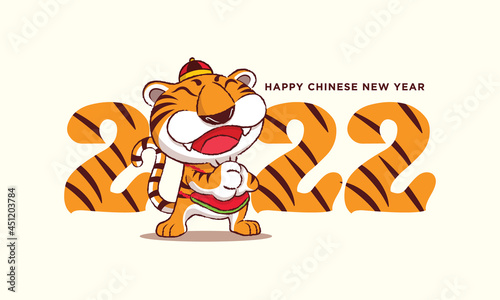 Fototapeta Naklejka Na Ścianę i Meble -  Happy Chinese New Year 2022. Cartoon cute tiger greeting. 2022 with tiger stripe pattern