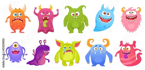 Cute monster characters smiling, funny aliens and creatures. Cartoon goblin, ghost, alien. Scary monsters with silly faces vector set. Fantasy comic beasts with different expressions