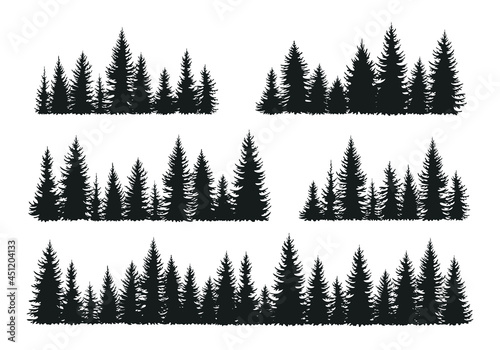 Set of fir forest silhouettes. Coniferous spruce trees horizontal background. Collection of black evergreen panoramas. Isolated on white vector illustration in hand drawn style 