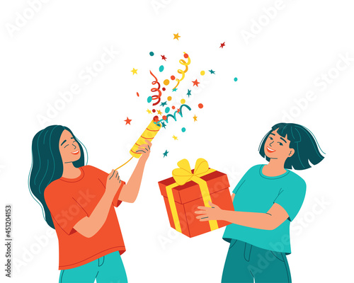 Two young women, one holding a gift box, other exploding a slapstick with confetti and streamer. Concept of congratulation on birthday, new year, merry christmas, victory. Isolated vector illustration