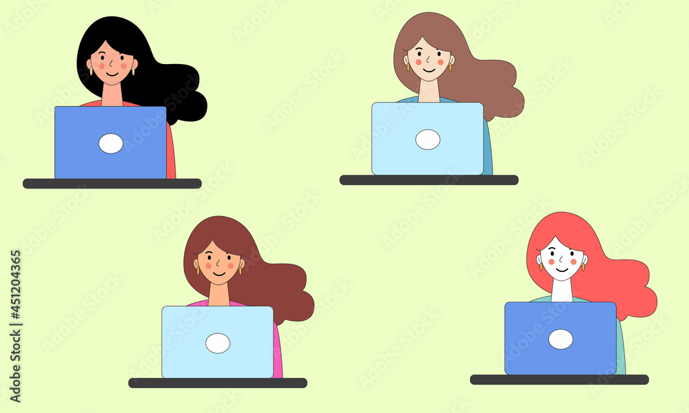 Online work, online learning. Woman, brunette, brown-haired, redhead girl sitting at her laptop. Set of avatars. Online work, online learning. Woman, brunette, brown-haired, redhead girl sitting at her laptop. Set of avatars.
