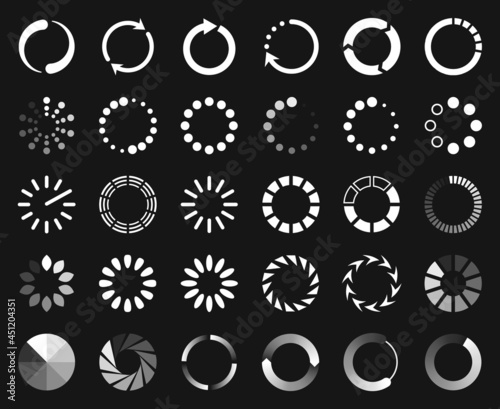 Circle loader icon, buffer, upload and download progress bar. Circular preloading, progression bars, website buffering icons vector set. Indicators showing waiting time on web interface