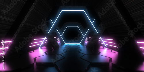 3D abstract background with neon lights. .space construction . .3d illustration