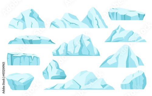 Cartoon icebergs, arctic ice rocks, antarctic glaciers. North pole frozen icy mountain, ice floe, floating iceberg, frozen blocks vector set. Clear aqua frozen pieces isolated on white