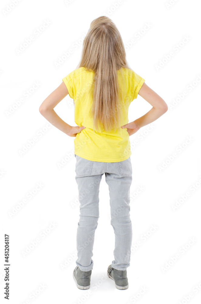 Back view of little girl looking at wall. Rear view. Isolated on white background
Back view of little girl looking at wall. Rear view. Isolated on white background