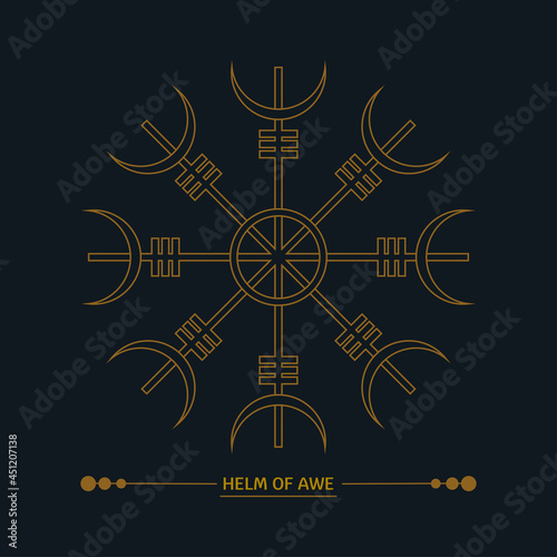 Helm of Awe or helm of terror sign. Icelandic symbol of protection and victory. Line art, art deco color. Esoteric, witchcraft.  Vector golden illustration isolated on black background