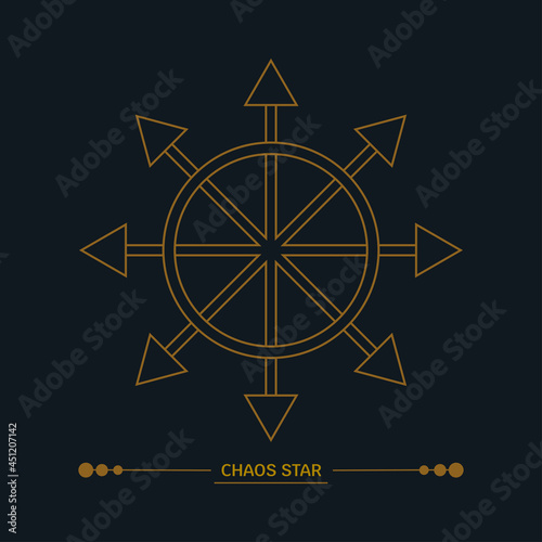 Chaos star sign, chaos symbol, eight-pointed star. Line art, art deco color. Esoteric, sacred geometry, witchcraft. Vector golden illustration isolated on black background