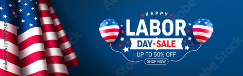 USA Labor Day Banner and poster template.USA labor day celebration with american flag on blue background.Sale promotion advertising banner template for USA Labor Day Brochures,Poster or Banner.
