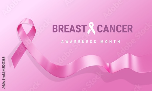 3d illustration of Pink Breast Cancer Awareness Realistic Ribbon with curl and text on Pink Color Background. Symbol of Breast Cancer Awareness Month Campaign