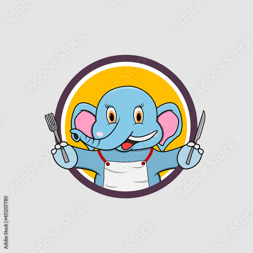 Elephant Head Circle Label Bring Fork and Knife, Yellow Colors Background, Mascot, Icon, Character or Logo, Vector and Illustration.
