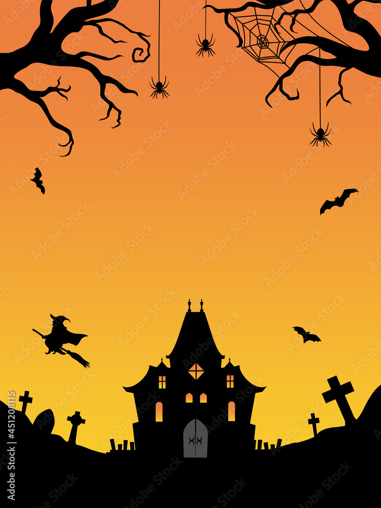 ハロウィン背景　お化け屋敷と魔女