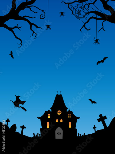 ハロウィン背景 お化け屋敷と魔女