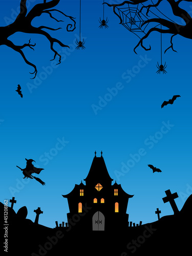 ハロウィン背景　お化け屋敷と魔女