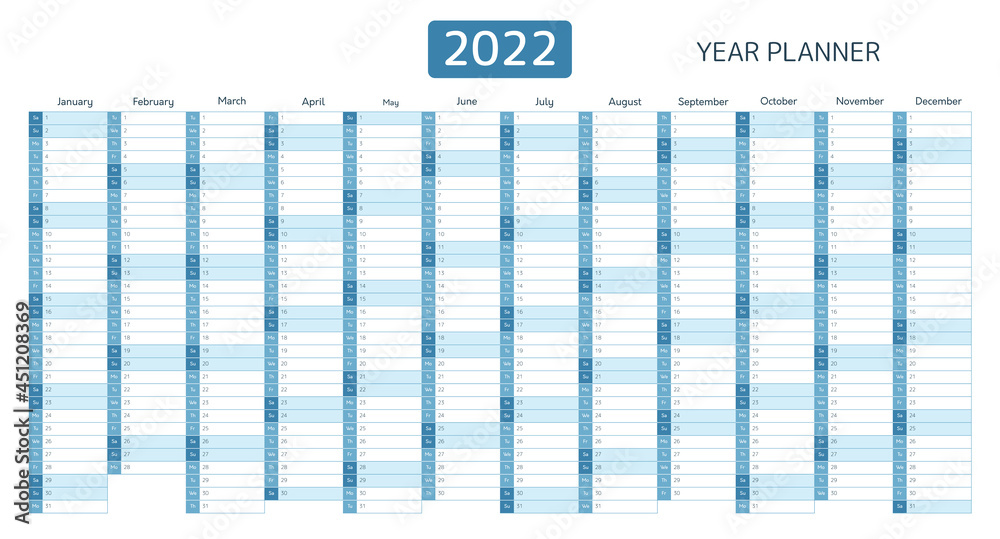Year planner, calendar for 2022 with monthly vertical grid. Template  planner for schedule, events and holidays. Vector business organizer,  calender grid in minimal blue style Stock Vector | Adobe Stock