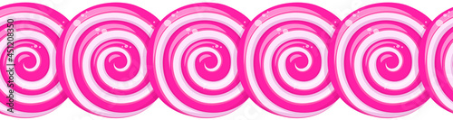 Pink lollipops row, border of twisted sucker candies. Vector cartoon abstract background, horizontal seamless pattern with strawberry or cherry hard sugar caramel, lollypop with spiral strips