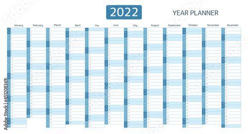 Year planner, calendar for 2022 with monthly vertical grid. Template planner for schedule, events and holidays. Vector business organizer, calender grid in minimal blue style