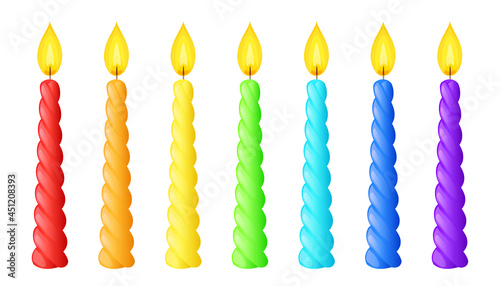 Rainbow colored twisted candles with flame. Spiral wax sticks with burning wick. Vector cartoon set of swirl candles for events, celebration, holidays, romantic date and decoration