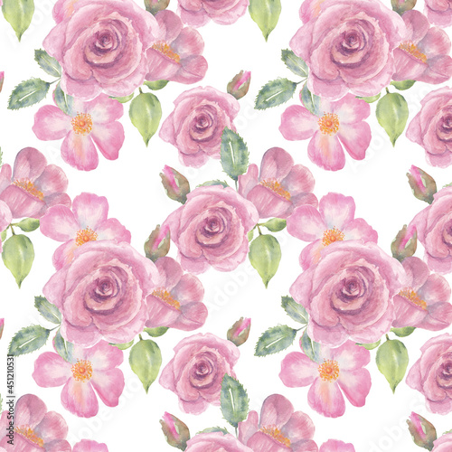 Pink roses seamless pattern background  watercolor hand drawn