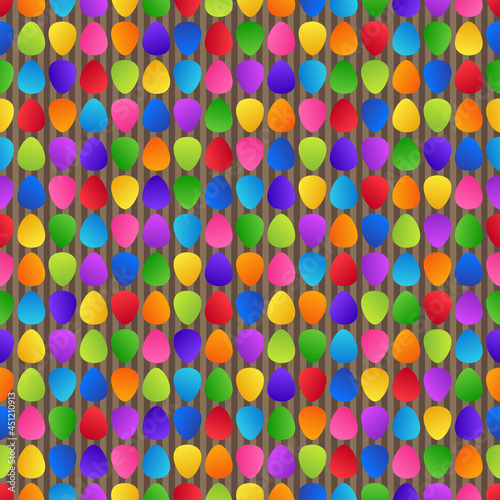 Bright Abstract Seamless Pattern of Colorful Rainbow Figures Ellipses on Striped Brown Backdrop for Packaging, Pack Paper, Wrapping Paper.