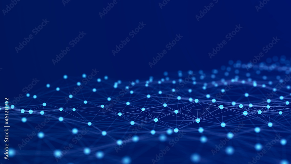 A wave of dots and lines of network connection. Technological background. 3D rendering. A wave of dots and lines of network connection. Technological background. 3D rendering.