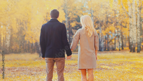 Silhouette back of happy young couple together holding hands walking in warm sunny autumn day, rear view