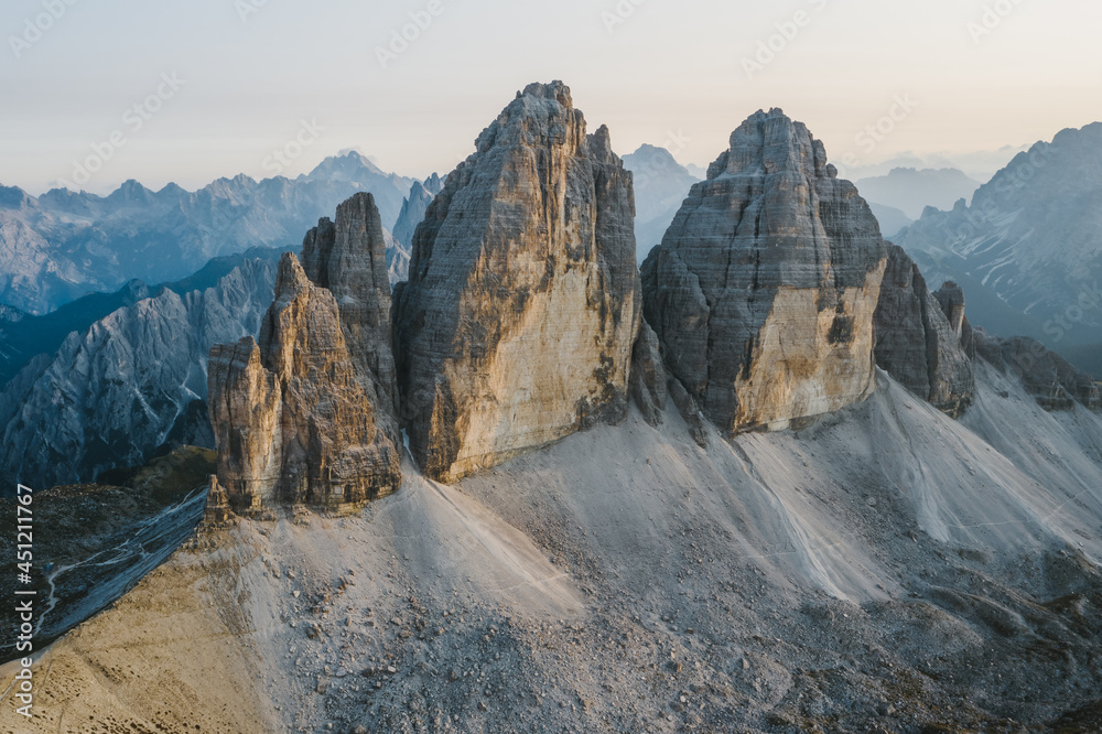 Stunning aerial view of Tre Cime di Lavaredo during sunset, Dolomites, Italy