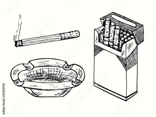 Hand drawn ashtray, cigarette with smoke lines, blank open cigarette package. Ink black and white drawing  illustration